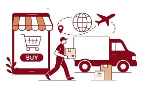 Ecommerce logistics concept with delivery truck, airplane, and online shopping