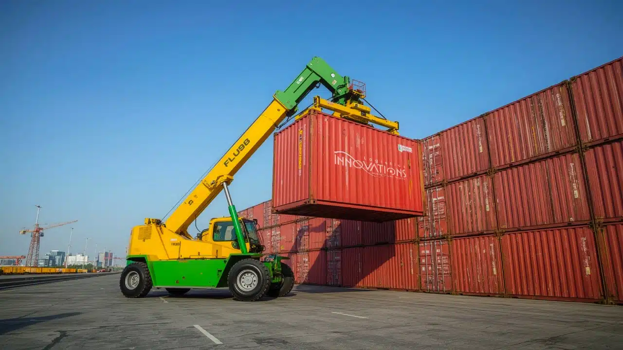 Innovations Logistics drayage service with forklift lifting shipping container at port