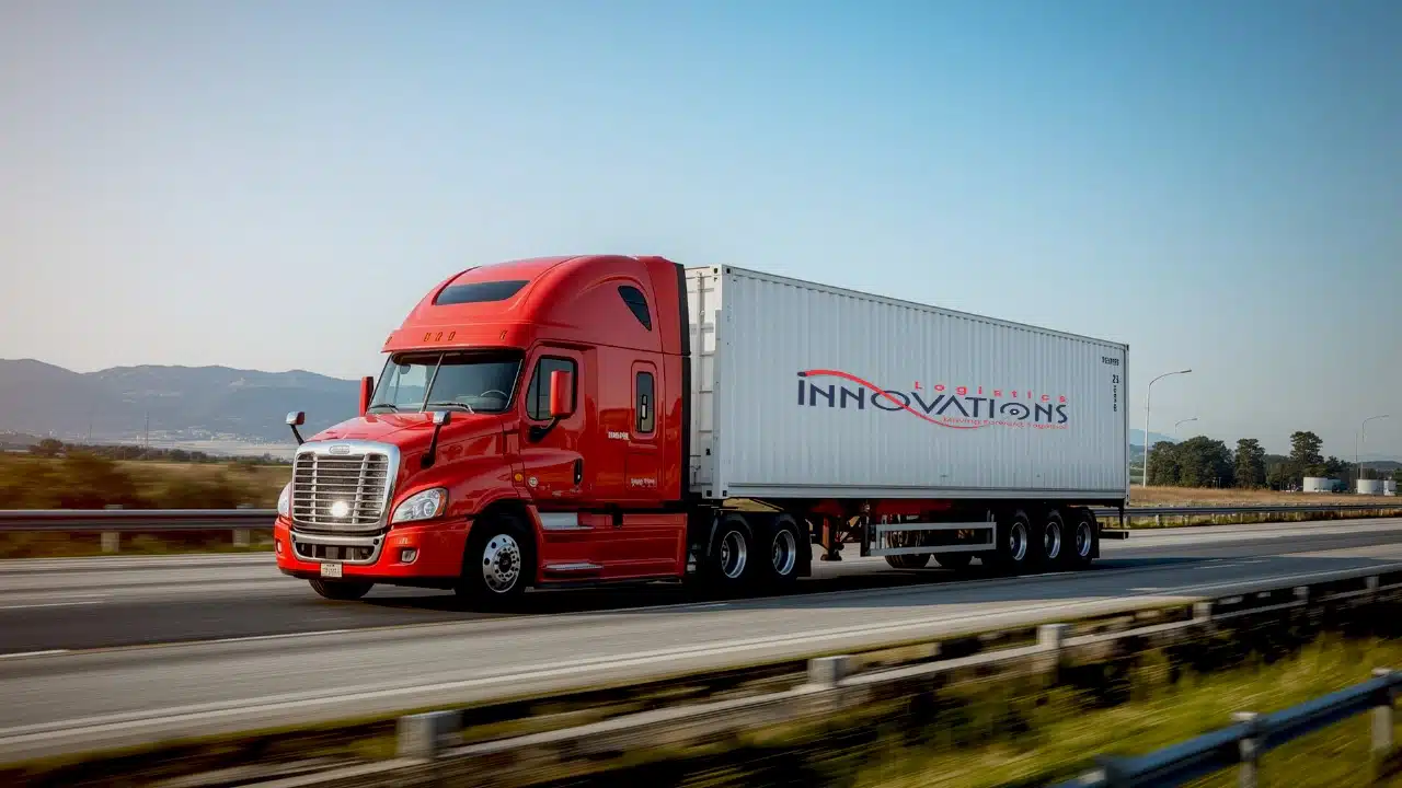 Innovations Logistics drayage truck transporting container on highway