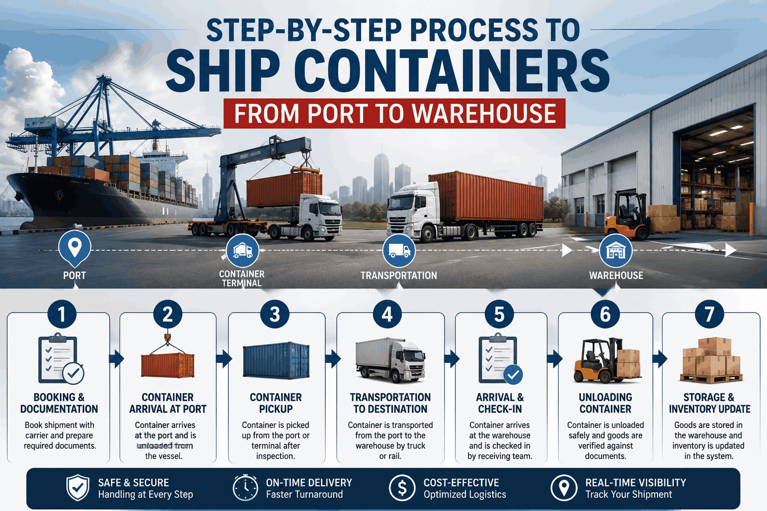 Container Logistics Process Graph Step-by-Step Process to Ship Containers from Port to Warehouse