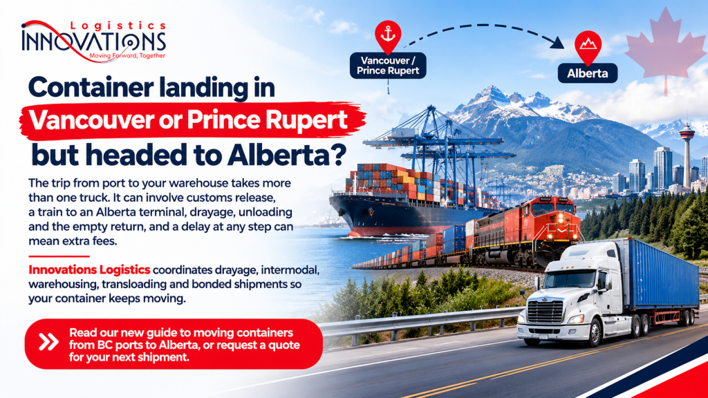 Drayage truck delivering a shipping container from a rail terminal to an Alberta warehouse